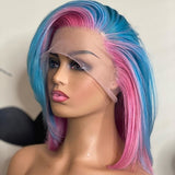 613 Colored highlight Pink Short Bob Wigs Human Hair  HD Lace Front Wig Blue Straight Bob Wig Transparent Brazilian Hair 180%