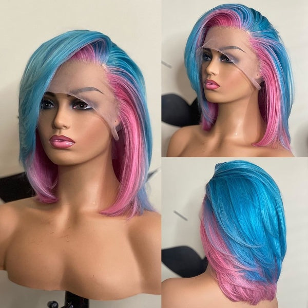 613 Colored highlight Pink Short Bob Wigs Human Hair  HD Lace Front Wig Blue Straight Bob Wig Transparent Brazilian Hair 180%