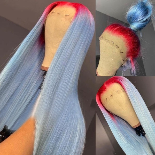 Red Blue Ombre Lace Front Wig Colored Human Hair Wigs  Pre-Plucked Transparent Straight Human Hair Wig highlight