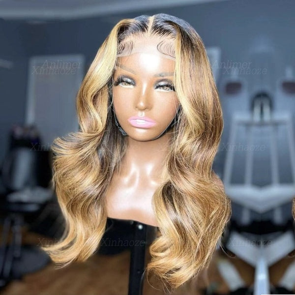 Honey Blonde Highlight Brazilian Body Wave Silk Top Human Hair Wigs 13x4 Frontal Wig Brown Colored Human Hair Wigs Pre-Plucked