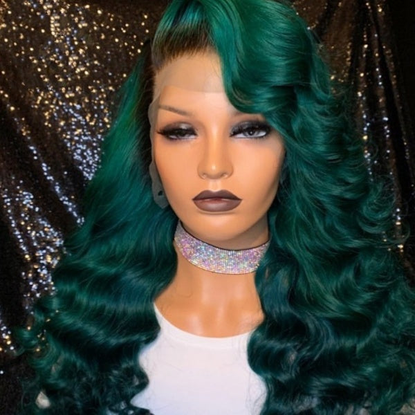 Ombre Green Color 13x6 Lace Front Wigs Brazilian Remy Human Hair Loose Wave Wig Preplucked Hairline