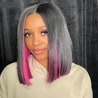 Highlights Pink Red Colored 13x6 Lace Frontal Human Hair Bob Wigs 5x5 Lace Closure Wig Short Bob Wigs