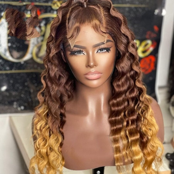 Ombre Color Remy Brazilian Human Hair Wigs  13x6 Lace Front Deep Wave Wig Preplucked Hairline