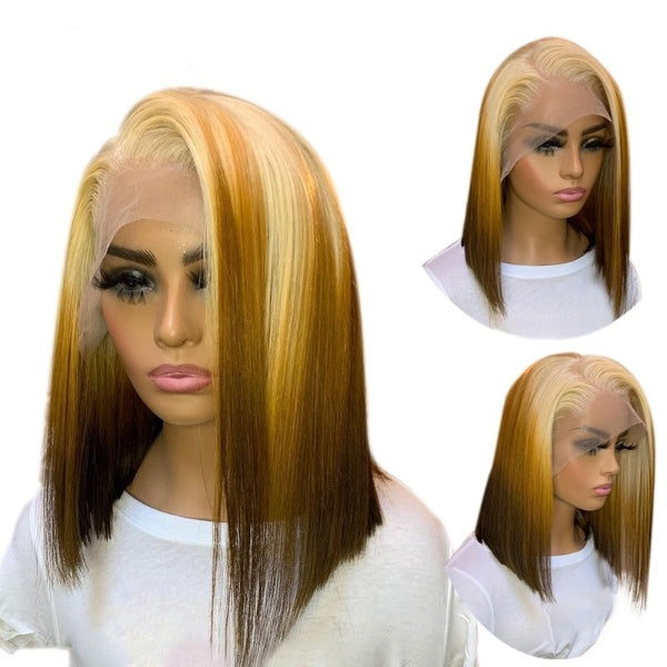 Short Pixie Cut Straight Bob 4X4 Closure Wig 13X4 T Part Lace Front Human Hair Wigs For Women 613 Honey Blonde Brown Ombre Color