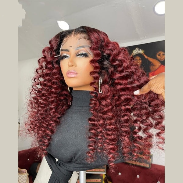 Deep Wave  curly Ombre 1B99J Burgundy Red Color 4x4 Closure Frontal 13X4 Glueless Lace Front Human Hair Wigs  Prepluck
