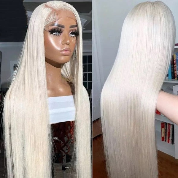 Platinum Blonde Lace Front Wig Human Hair Straight Brazilian Remy Hair HD Transparent Lace Wigs 180 DENSITY