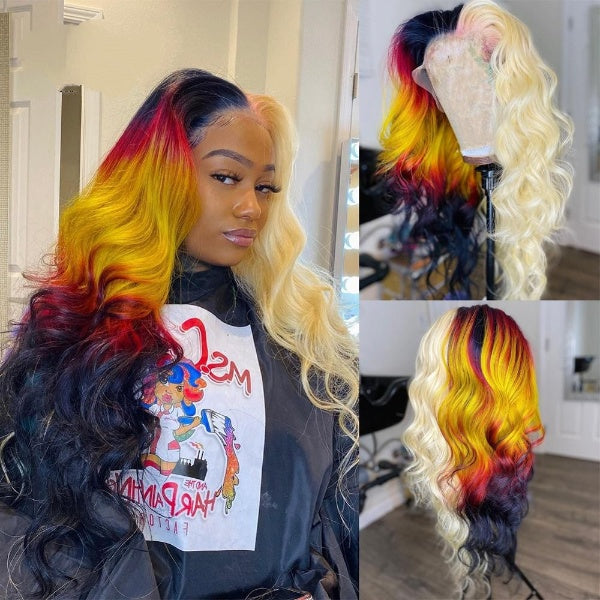Half Blonde Half Rainbow Ombre Lace Front Human Hair Wigs  highlight