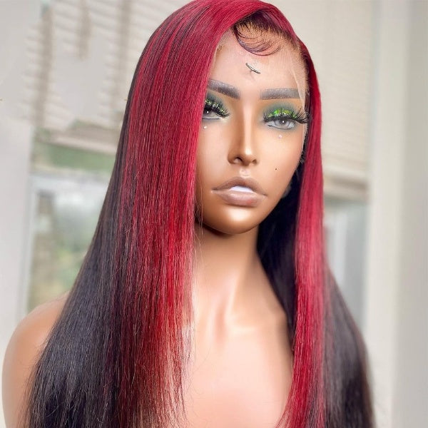 Highlight 99J Burgundy Red Ombre Colored Straight 13x1 Lace Highlight Wigs Human Hair Colored Wigs