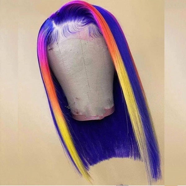 Purple Highlight Wig Rainbow Blonde 13x4 Lace Frontal Human Hair Wig Colored Short Bob Wig Lace Front Human Hair Wigs