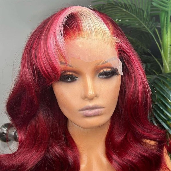 Highlight HD Transparent Lace Front Human Hair Wig 613 Burgundy Blonde Color Body Wave Ombre Wigs