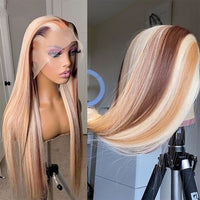 Honey Blonde Brown Lace Front Human Hair Wigs Pre Plucked Straight Lace Front Wig Human Hair Wigs 613 Lace Frontal Wig