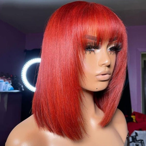 pixie Bob Wig Red Bob Wig Human Hair Wigs Machine Hair 14 Inches Straight Hair Salon Hair 180 Density