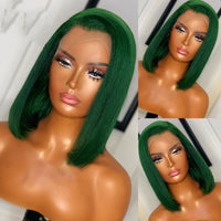 Green Color Straight Wig Brazilian Remy Human Hair 4x4 Lace Closure Straight Bob Wig Preplucked