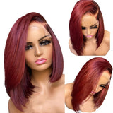 99J Burgundy Red Color Short Bob Wig Brazilian Human Hair Transparent HD 13x1 Lace Front Wigs Blunt Cut Bone Straight