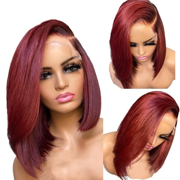 99J Burgundy Red Color Short Bob Wig Brazilian Human Hair Transparent HD 13x1 Lace Front Wigs Blunt Cut Bone Straight