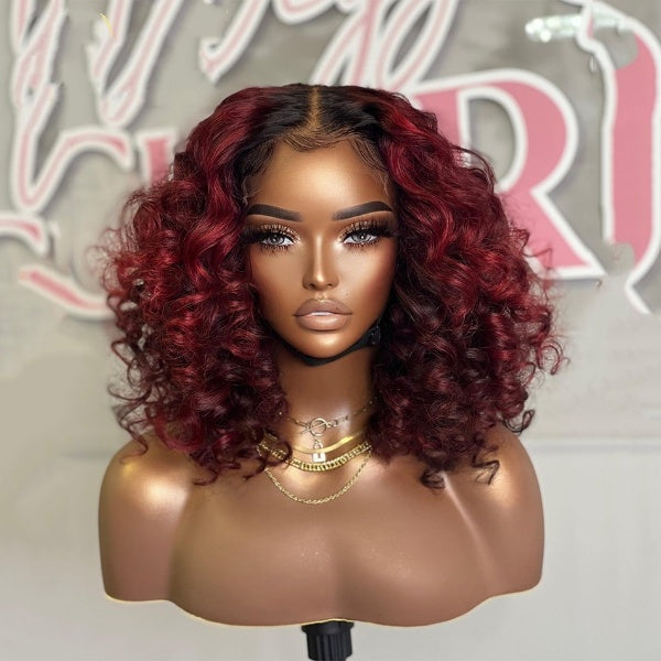 Highlight 99J Colored 13x4 HD Transparent Lace Front Human Hair Wigs Loose Deep Curly Burgundy Brazilian Wine Red