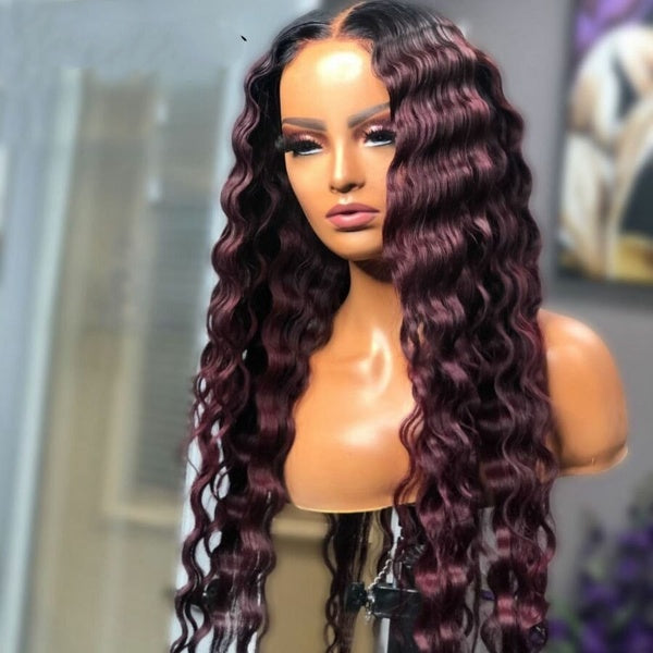 Dark Red Color Brazilian Remy Human Hair Hd Lace Frontal Wig Preplucked Hairline 13x4 Lace Front Deep Wave Wig