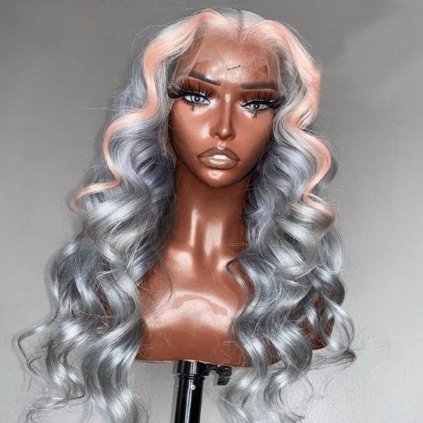 Grey Highlight Body Wave Lace Front Wig Light Pink Human Hair Wigs Brazilian Virgin 613 Transparent HD Lace Front Wig