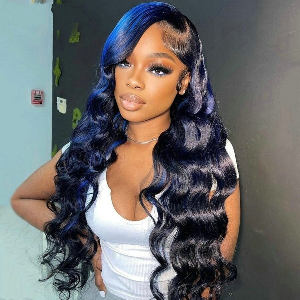 Highlight Blue Black Body Wave Lace Front Human Hair Wigs Pre Plucked Transparent Lace Frontal Wig 200 Density Human Hair Wig