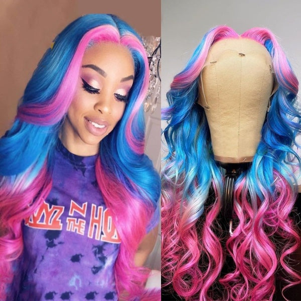 Ombre Pink Blue Colored Human Hair Wigs Brazilian Remy Transparent Lace Wigs Pre Plucked Body Wave Wig 200 Density