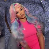 Rainbow highlight Colored Human Hair Wigs Pre Plucked Pink Blue Body Wave Lace Front Wig HD Transparent Lace Wigs