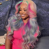 Rainbow highlight Colored Human Hair Wigs Pre Plucked Pink Blue Body Wave Lace Front Wig HD Transparent Lace Wigs