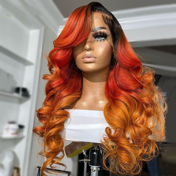 Red Orange Brown Ombre Colored 13×4 Lace Front Wig For Women Pre-Plucked Transparent Lace Peruvian Body Wave Human Hair Wigs