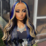 Transparent 5x5 Lace Closure Wig Highlight Body Wave Human Hair Wigs Blue with Blonde 13x4 Lace Frontal Wig Preplucked