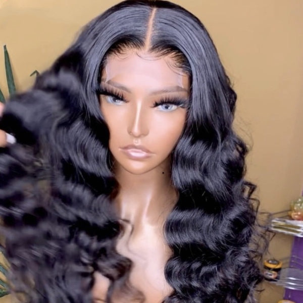 Unprocessed Human Hair Lace Front Wigs Preplucked Black Loose Deep Wave 13x6 Lace Frontal Wigs Bleached Knots