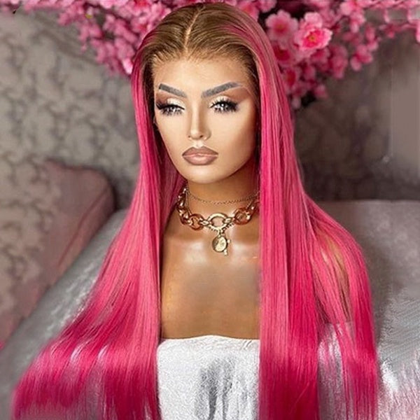 Pink Highlight Ombre Colored Straight Lace Front Wig Human Hair Wig Brazilian Remy Transparent HD Lace Wigs Pre Plucked 30inch