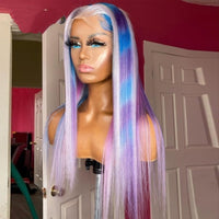 Purple Blue Rainbow highlight Straight Lace Front Wig with Baby Hair Pre Plucked