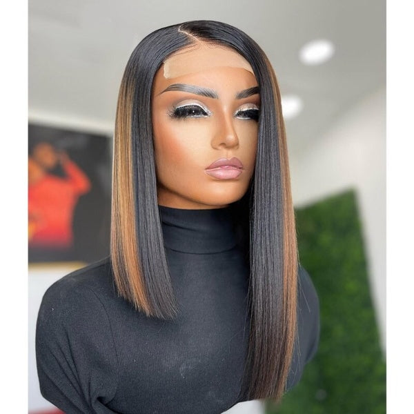 Short Straight Bob Prepluck With Baby Hair 4X4 Lace Closure Human Hair Wig Ombre Honey Blonde Highlight Ombre Color