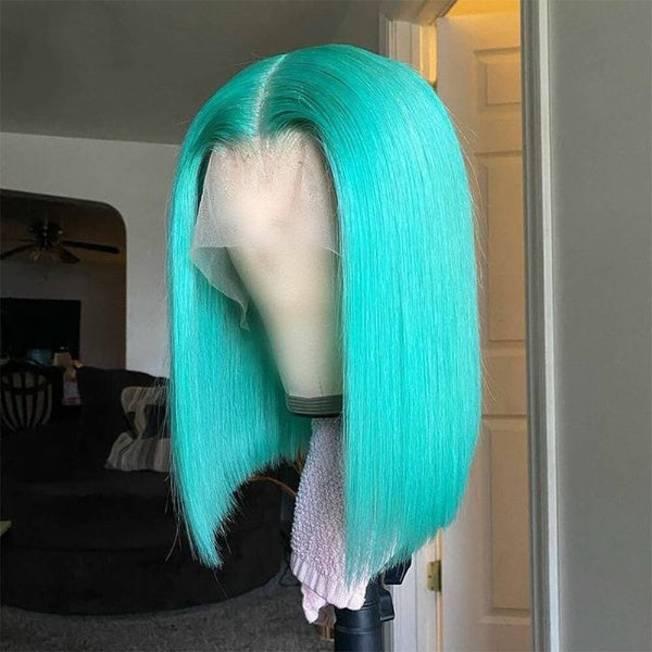 Straight Bob Wig Transparent Green Wig Human Hair Wigs Pre Plucked Glueless Wig Colored Human Hair Wig Deep Part Wig 130% Remy