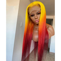Body Wave Ombre Yellow Red Colored Glueless Transparent Synthetic 13X4 Lace Front Wigs Preplucked