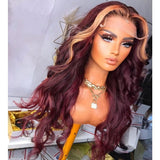 Amethyst Red Burgundy Human Hair Wigs With Highlights 5x5 PU Silk Top Remy Lace Front Wig Loose Wave Glueless