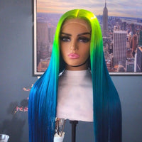 30inch Straight Blue Green Ombre Color 13x4 Lace Front Synthetic Wigs Transparent