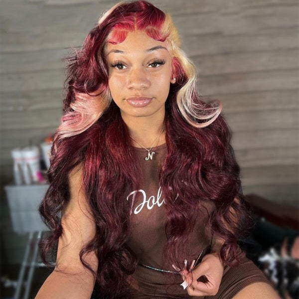 13x6 Wine Red With Blonde Color Body Wave Wig Lace Frontal Human Hair Wig Lace Front Wig Pre Plucked 5x5 Closure Human Hair Wigs