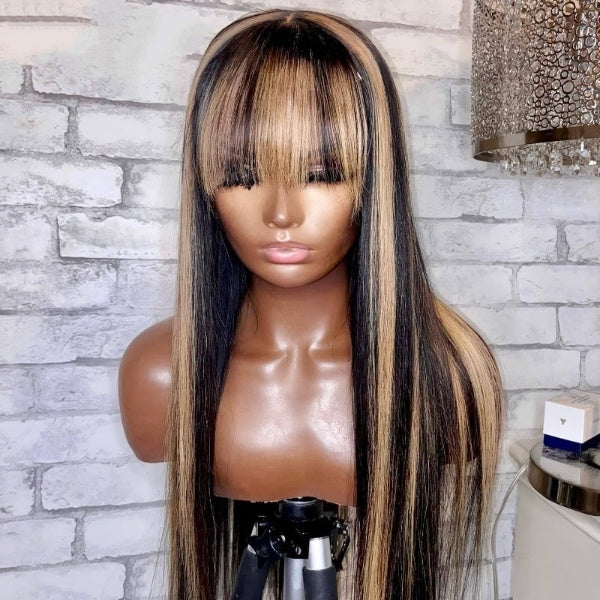 Highlight 1B27 13x4 Lace Front Wig Human Hair Straight With Bangs Baby Hair Pre Plucked Lace Frontal Human Hair Wigs