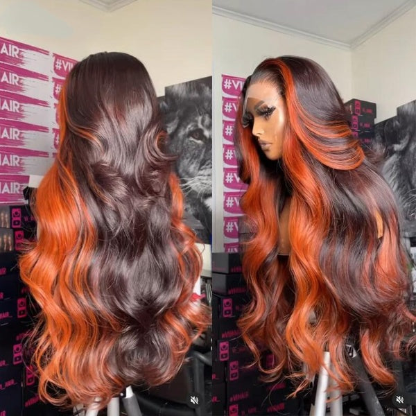 Ginger Highlight Body Wave Lace Front Human Hair Wigs 180 Remy Orange Ginger Brazilian Human Hair Wigs