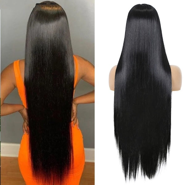 Long Straight Wig 30 Inch Black Wig Middle Part Lace Wigs With HighLights Synthetic Hair Wigs