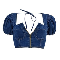 Jean Blouses Puff Sleeve Zip up crop shirt