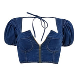 Jean Blouses Puff Sleeve Zip up crop shirt