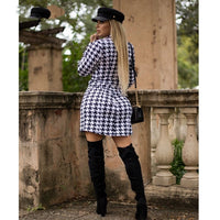 Houndstooth Single Breasted Notched Neck Blazer Style Bodycon Midi Long Sleeve Dress