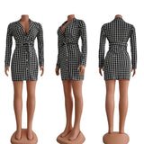 Houndstooth Single Breasted Notched Neck Blazer Style Bodycon Midi Long Sleeve Dress