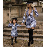 Houndstooth Single Breasted Notched Neck Blazer Style Bodycon Midi Long Sleeve Dress