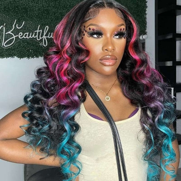 Ombre highlight Pink Blue Colored Loose Wave Hair Wig 13x6 Lace Frontal Wig Transparent 5x5 Lace Closure Human Hair Wigs