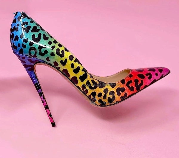 Leopard Patent Leather High Heel pump Shoes Blue Yellow Red Colorized shoe