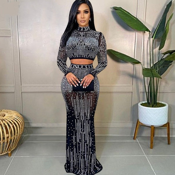 Sexy Mesh Drilling See Through Skirt Set Women Crystal Long Sleeve Top And Maxi Skirt 2 piece