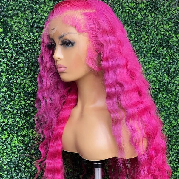 Pink Wig Water Wave Lace Frontal Wig Synthetic Wigs Heat Resistant Fiber Natural Hairline