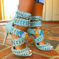 Denim Crystals Spikes Sandals Back Zipper heels pump shoe